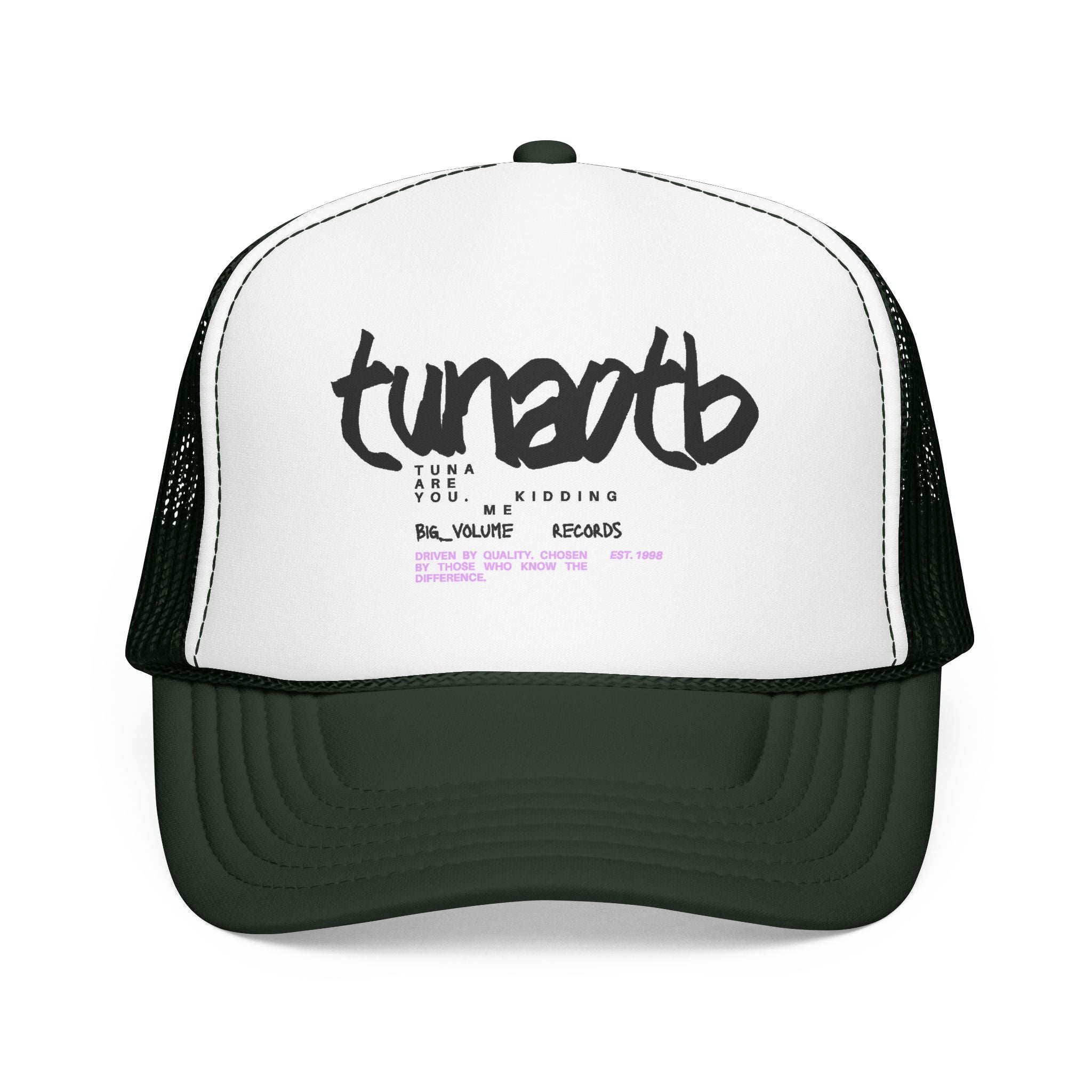 Tuner Vibe Trucker Hat — Retro Script Foam Cap with Pink Accent