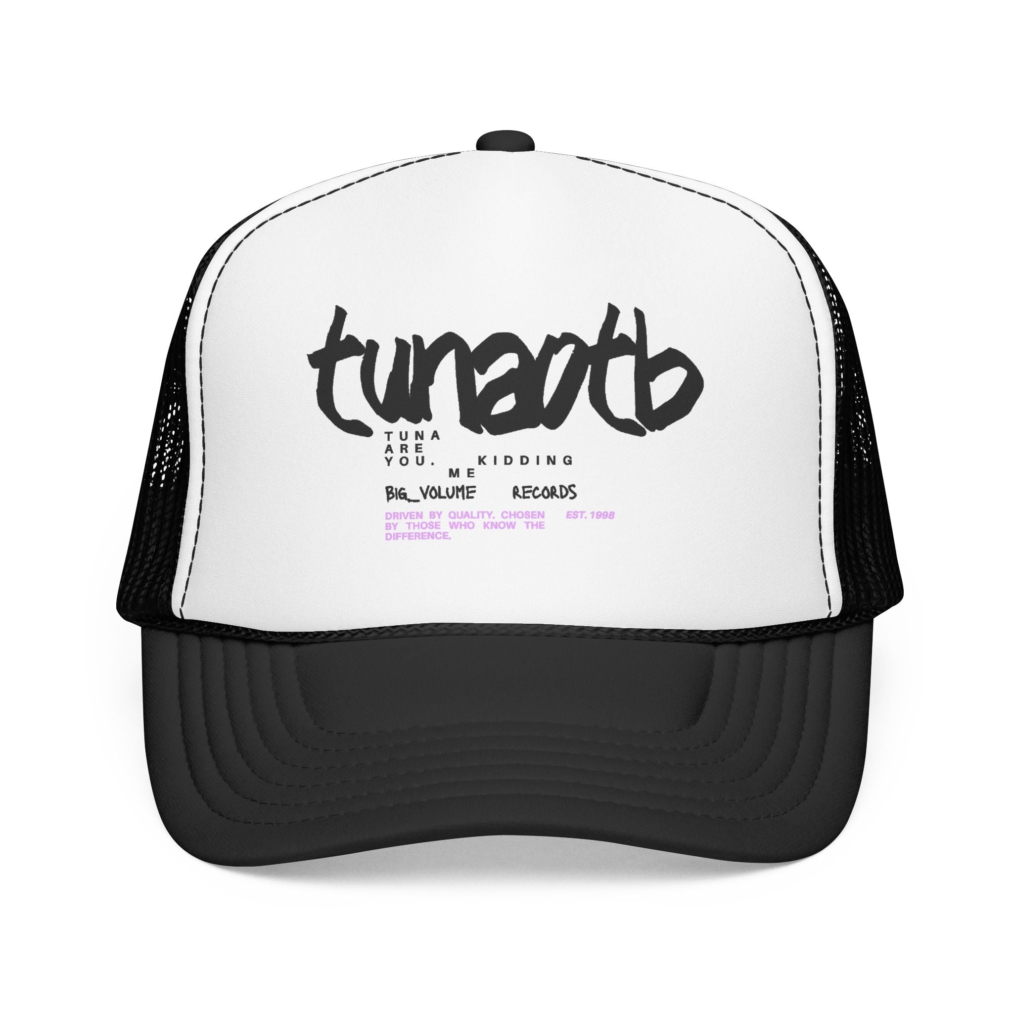Tuner Vibe Trucker Hat — Retro Script Foam Cap with Pink Accent