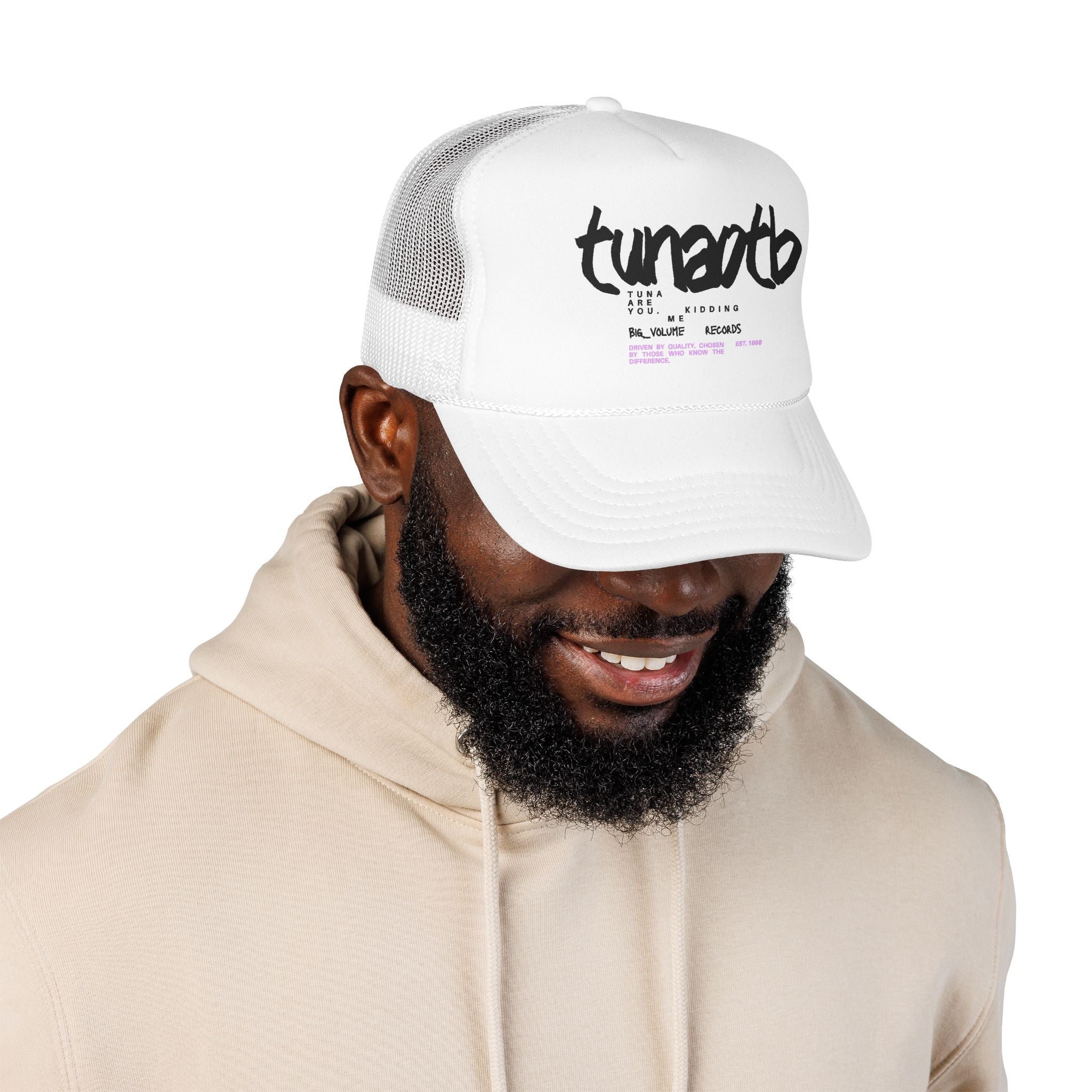 Tuner Vibe Trucker Hat — Retro Script Foam Cap with Pink Accent