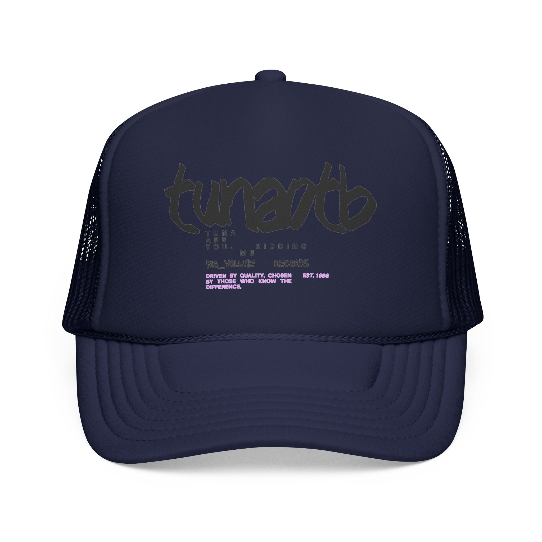 Tuner Vibe Trucker Hat — Retro Script Foam Cap with Pink Accent