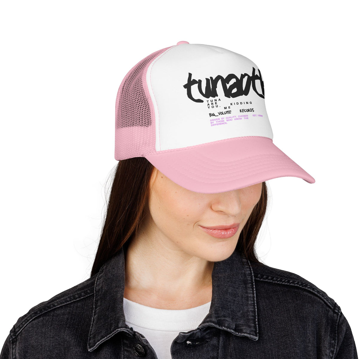 Tuner Vibe Trucker Hat — Retro Script Foam Cap with Pink Accent