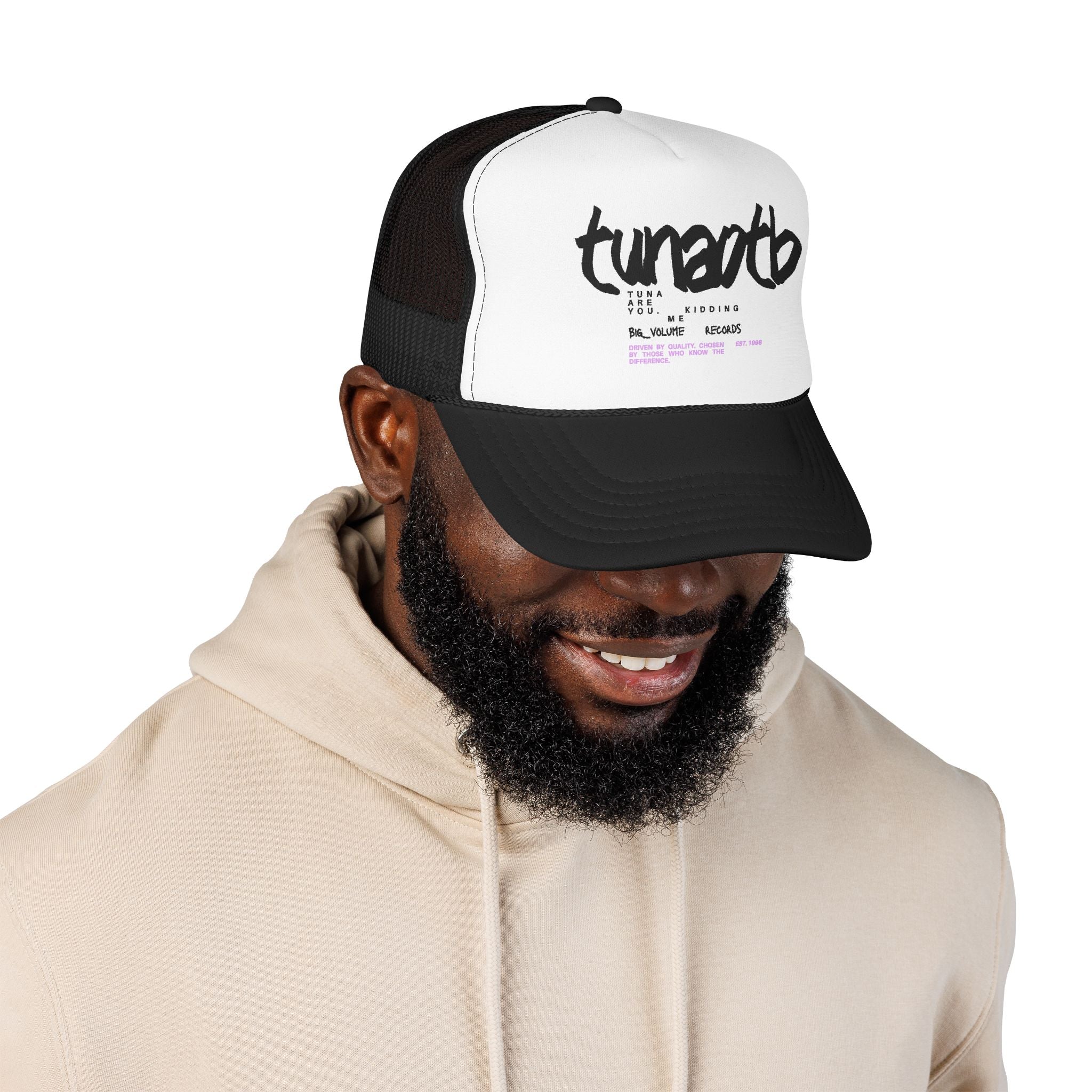 Tuner Vibe Trucker Hat — Retro Script Foam Cap with Pink Accent