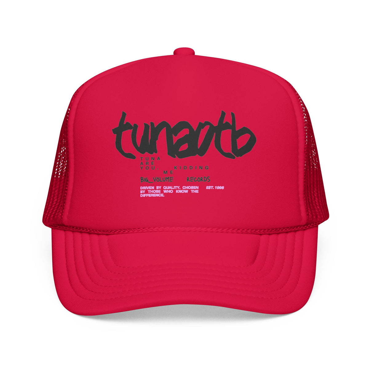 Tuner Vibe Trucker Hat — Retro Script Foam Cap with Pink Accent