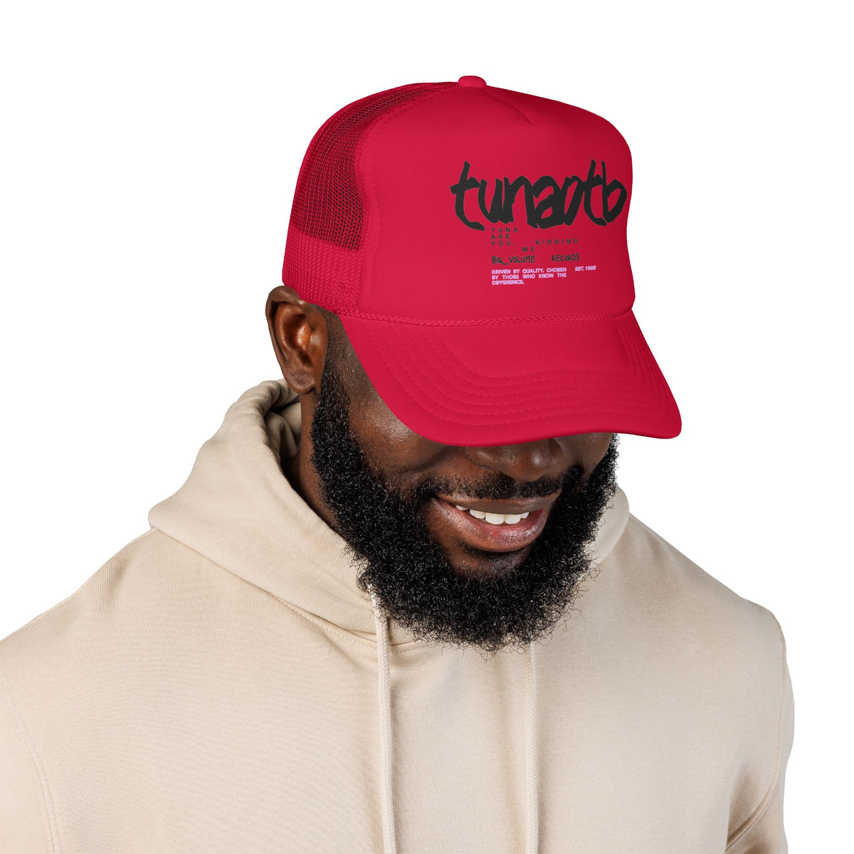 Tuner Vibe Trucker Hat — Retro Script Foam Cap with Pink Accent