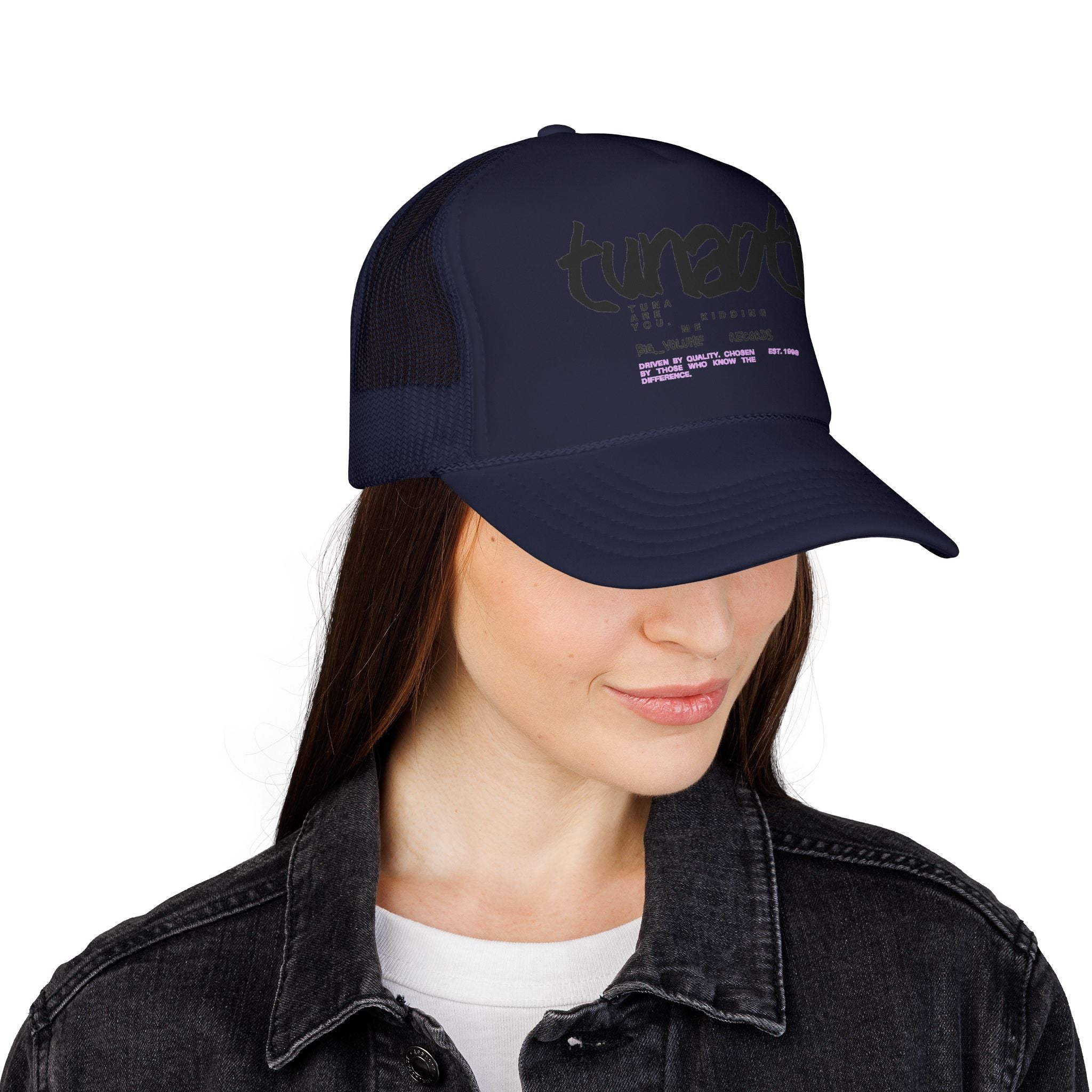 Tuner Vibe Trucker Hat — Retro Script Foam Cap with Pink Accent