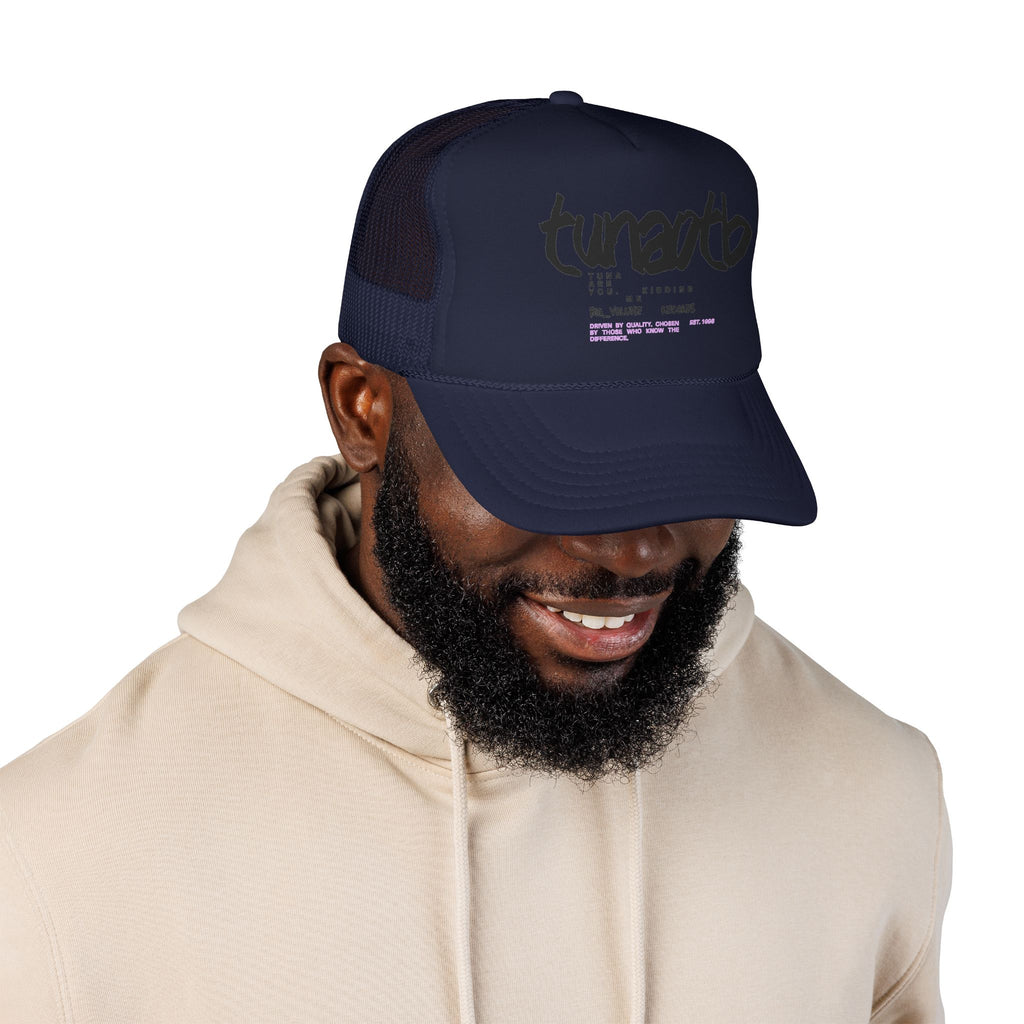 Tuner Vibe Trucker Hat — Retro Script Foam Cap with Pink Accent