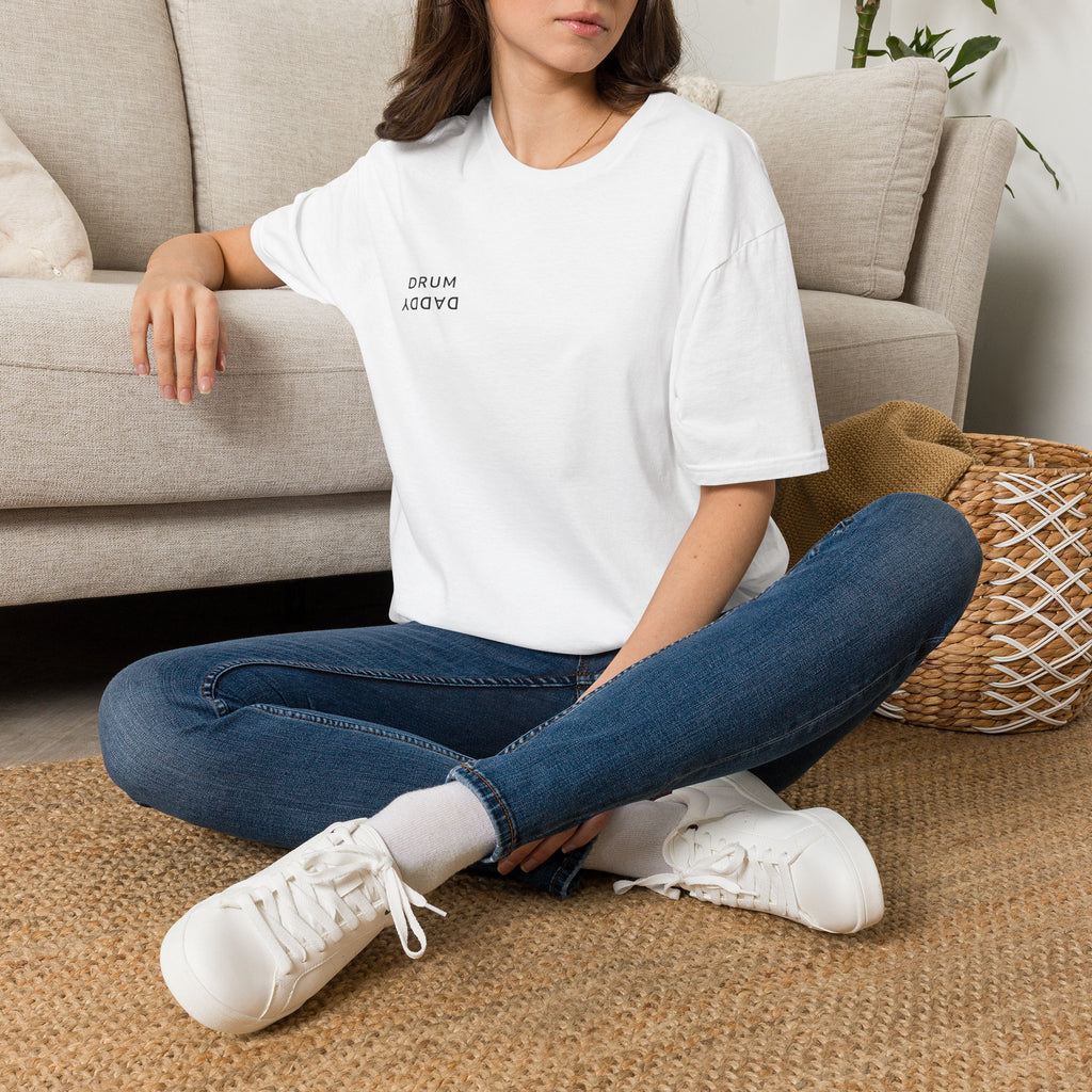 Drum Daddy Minimalist White T‑Shirt — Subtle Mirrored Text Tee