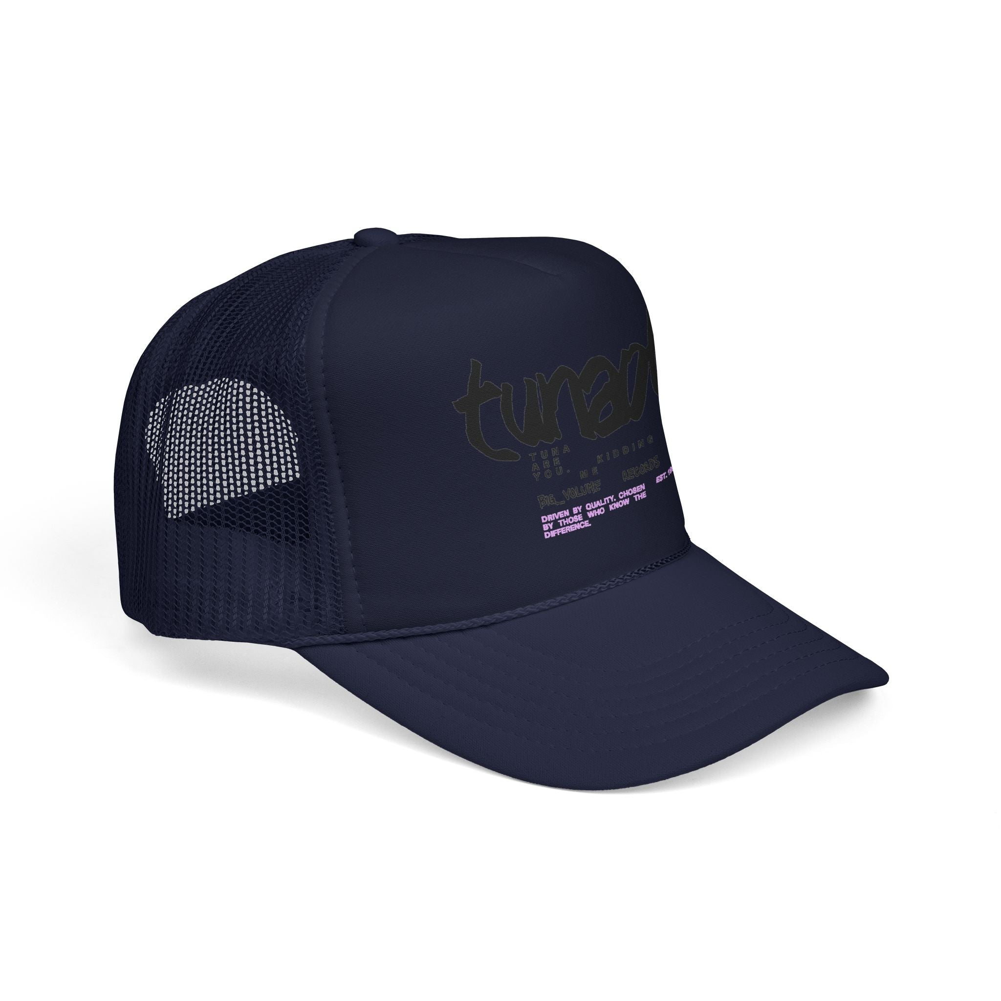Tuner Vibe Trucker Hat — Retro Script Foam Cap with Pink Accent