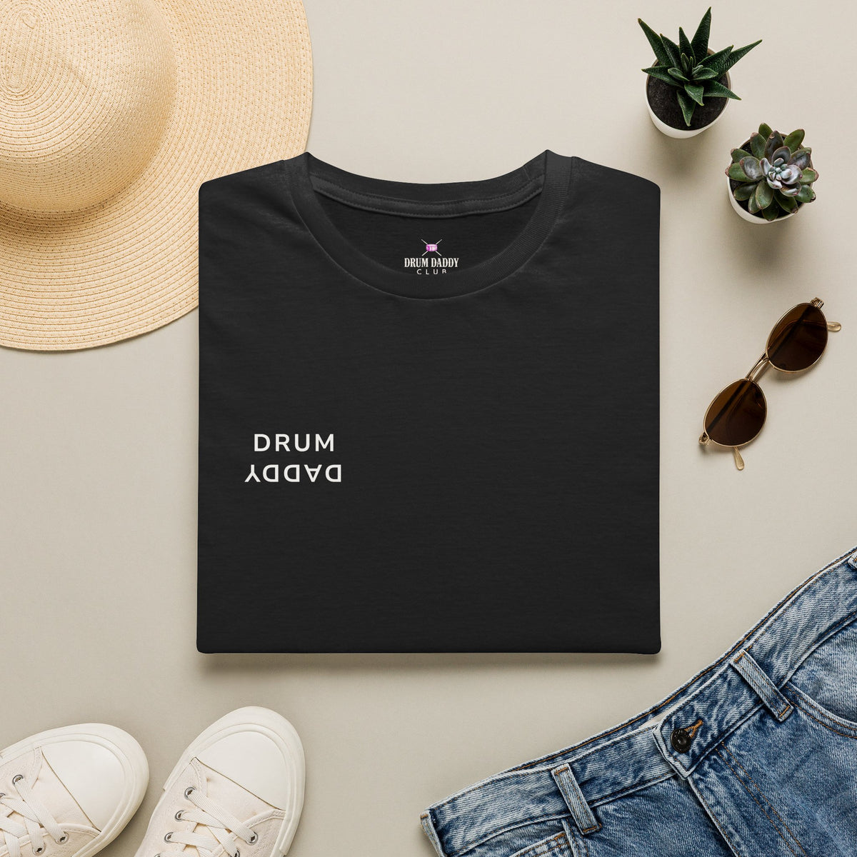 Drum Daddy Minimalist White T‑Shirt — Subtle Mirrored Text Tee