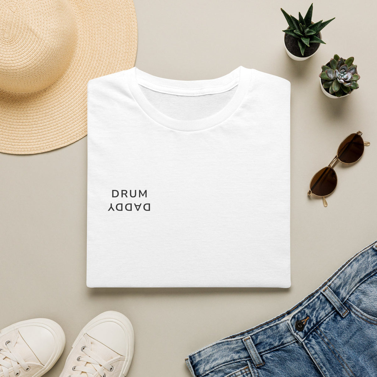 Drum Daddy Minimalist White T‑Shirt — Subtle Mirrored Text Tee