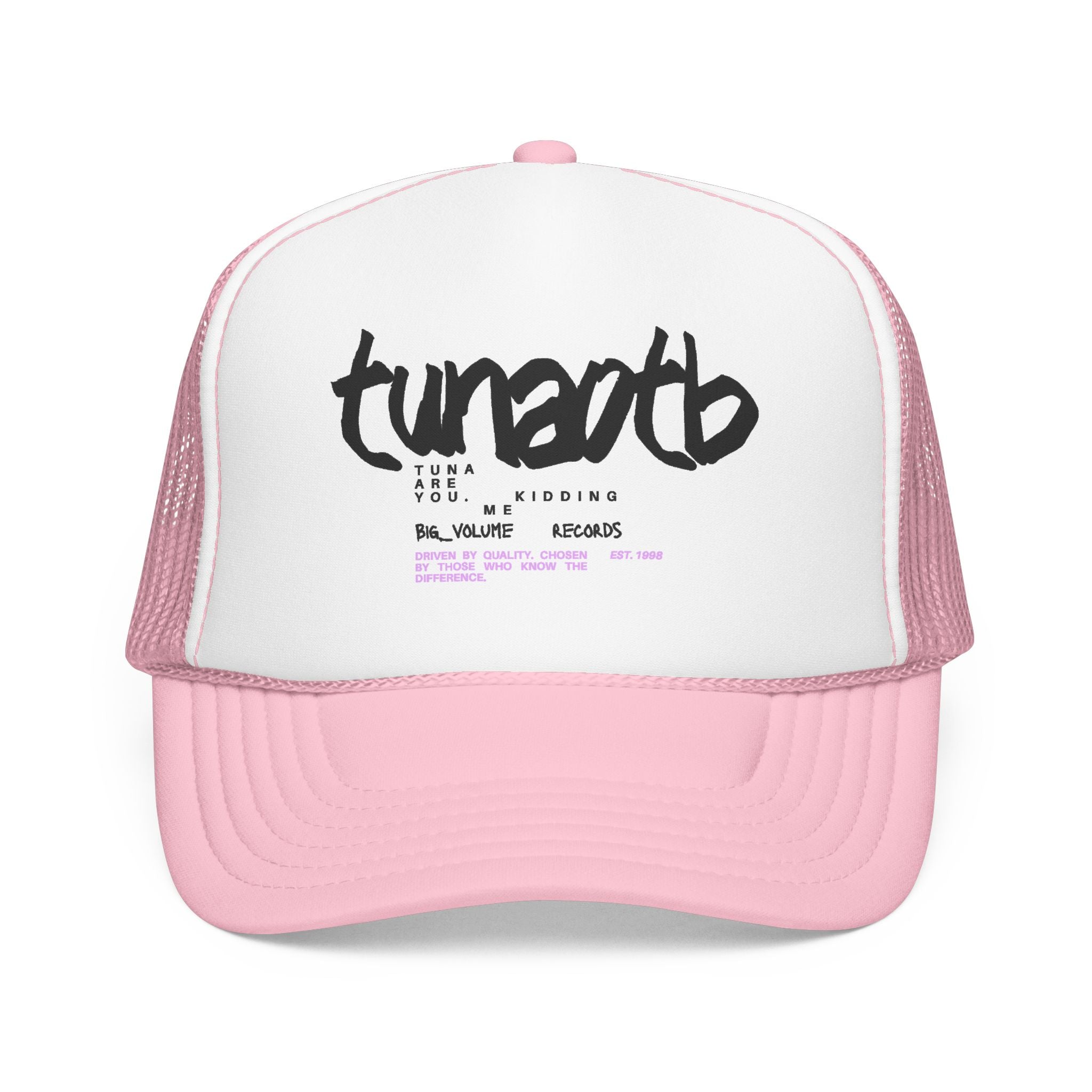 Tuner Vibe Trucker Hat — Retro Script Foam Cap with Pink Accent