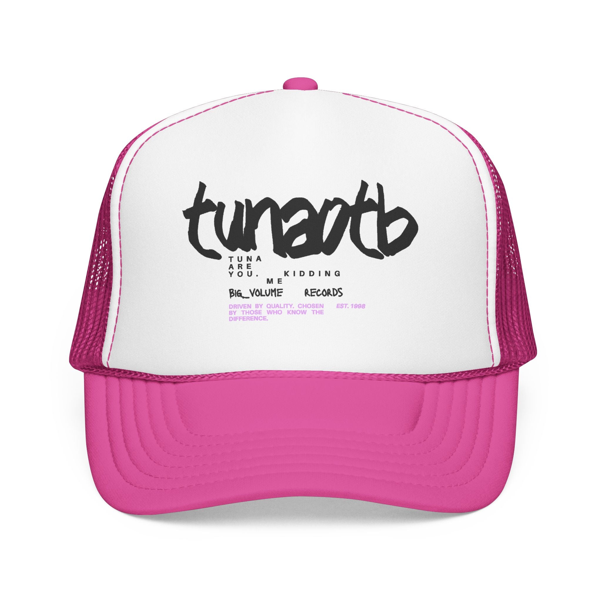 Tuner Vibe Trucker Hat — Retro Script Foam Cap with Pink Accent