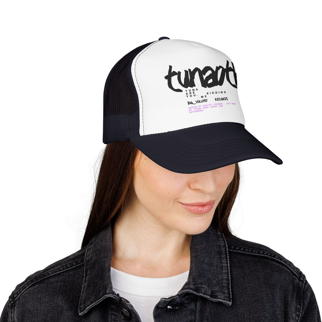 Tuner Vibe Trucker Hat — Retro Script Foam Cap with Pink Accent