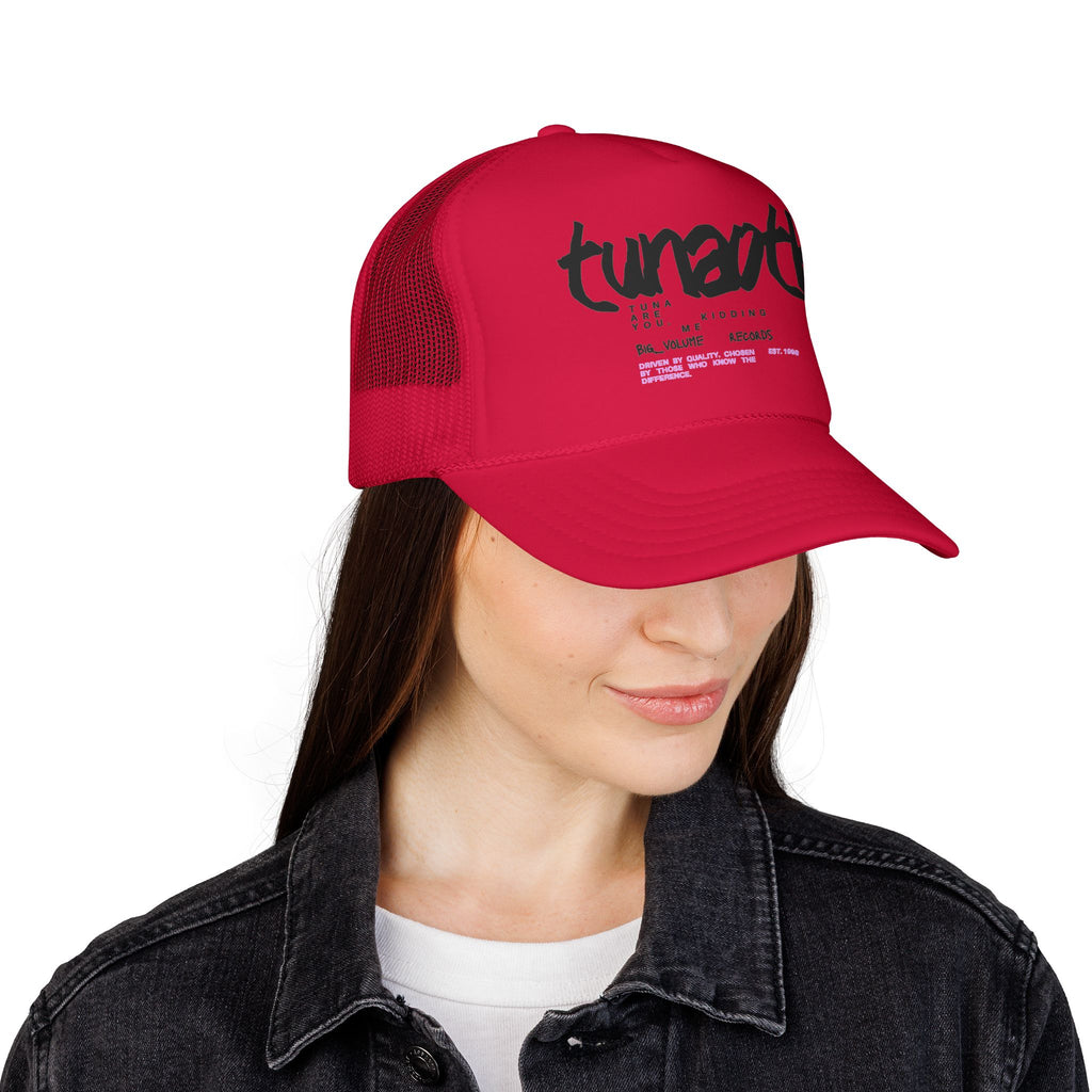 Tuner Vibe Trucker Hat — Retro Script Foam Cap with Pink Accent