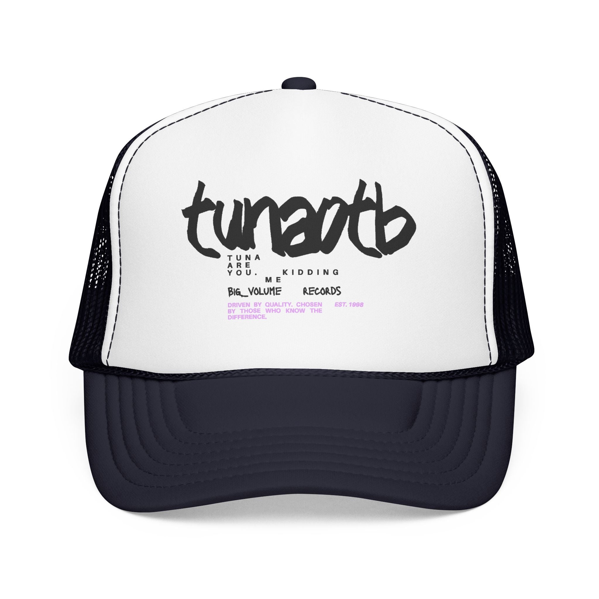 Tuner Vibe Trucker Hat — Retro Script Foam Cap with Pink Accent