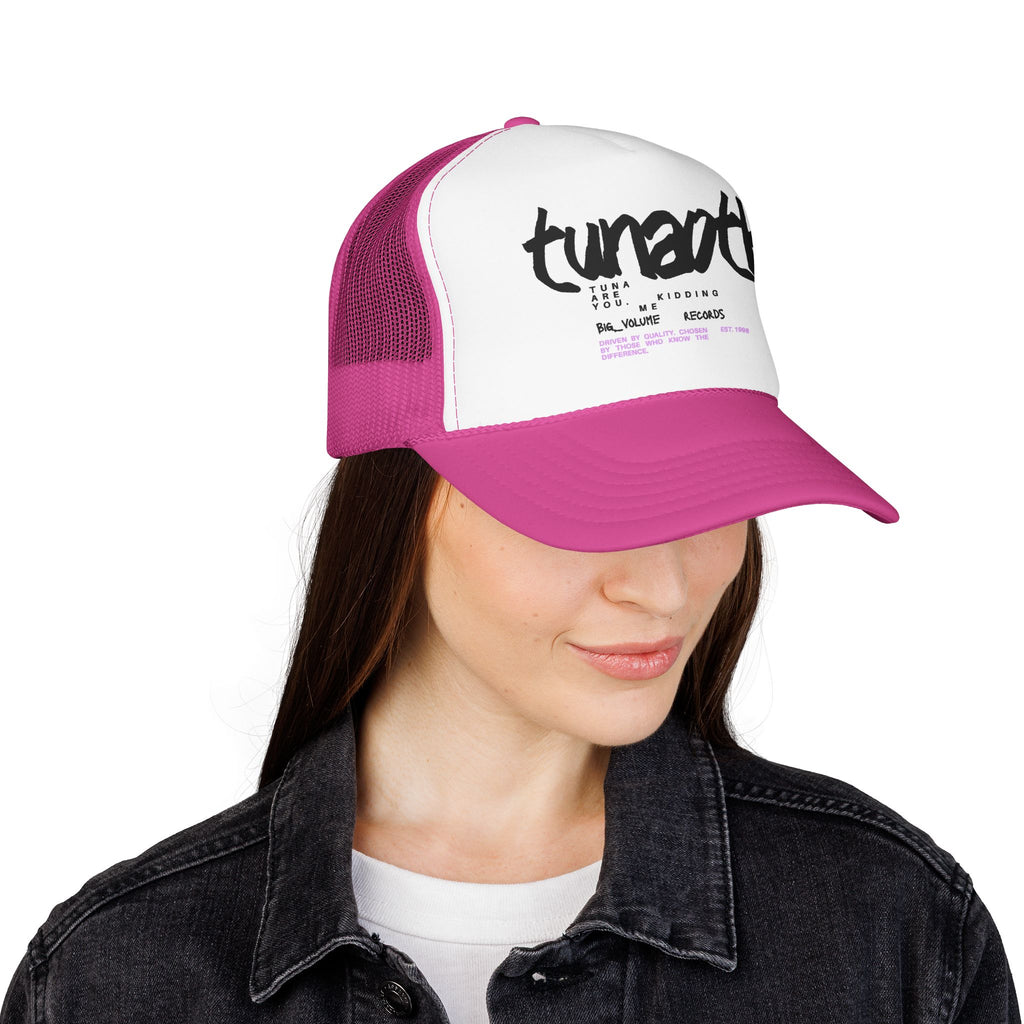 Tuner Vibe Trucker Hat — Retro Script Foam Cap with Pink Accent