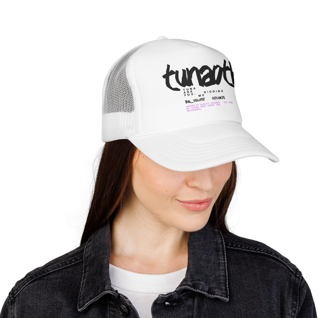 Tuner Vibe Trucker Hat — Retro Script Foam Cap with Pink Accent