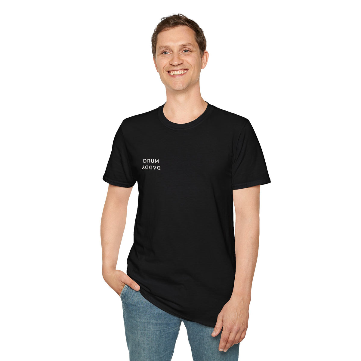 Drum Daddy Minimalist White T‑Shirt — Subtle Mirrored Text Tee