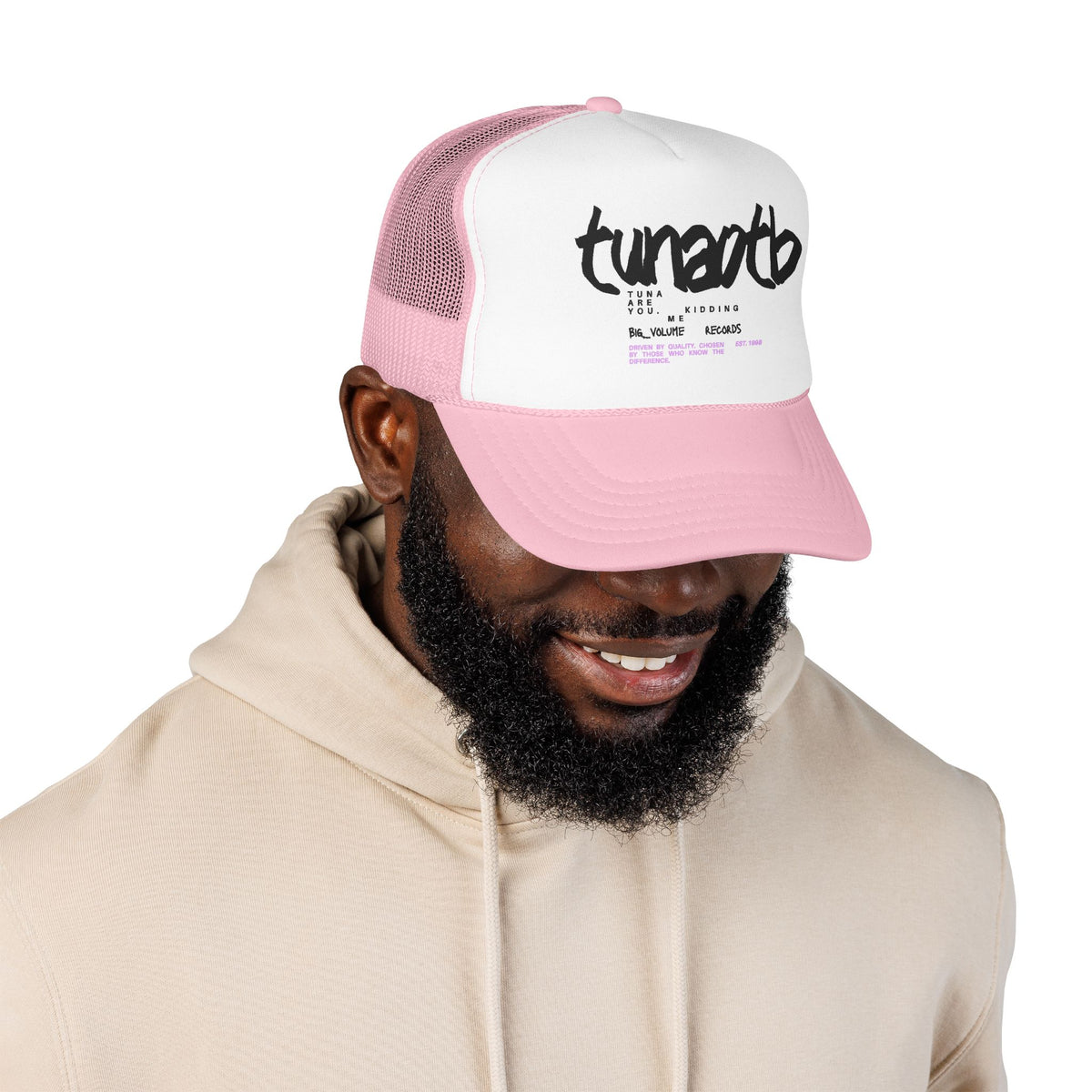 Tuner Vibe Trucker Hat — Retro Script Foam Cap with Pink Accent