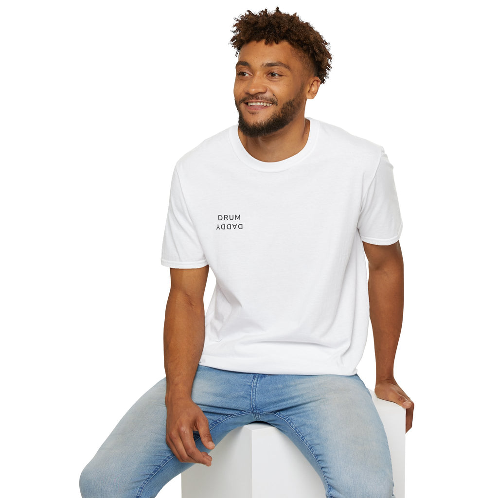 Drum Daddy Minimalist White T‑Shirt — Subtle Mirrored Text Tee